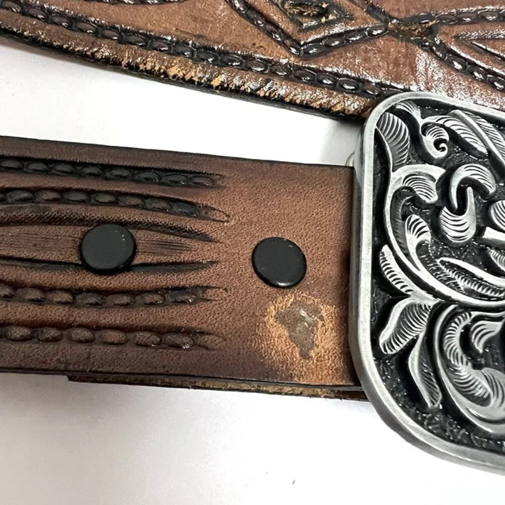Men’s Western Tooled Top Grain Leather Belt Removable Buckle‎ Sz 38 Made in USA